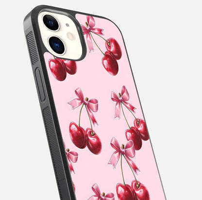 Red Cherries Pattern Glass Case for iphone-12 close-up angled shot showing cherry details and HD reflection