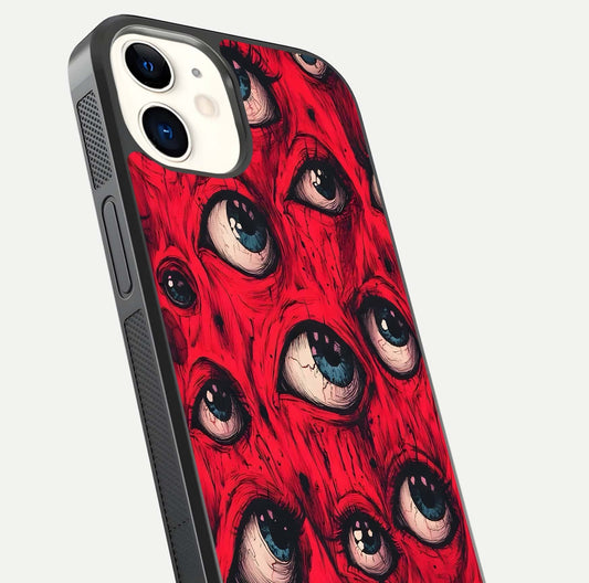 Red Eyes Pattern Glass Case for iphone-12 close-up angled shot highlighting vivid contrast and HD shine