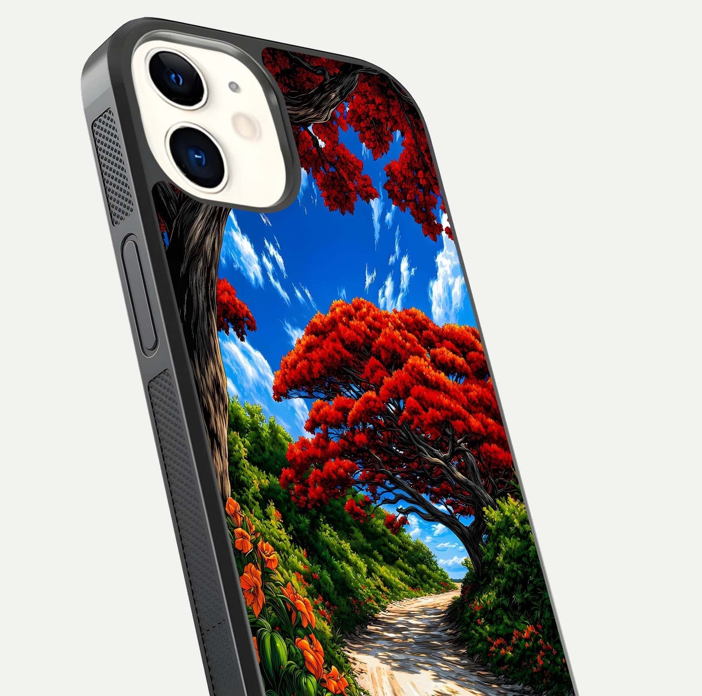 Red Trees Pathway Glass Case for iphone-12 close-up angled shot highlighting forest detail and reflection