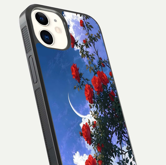 Rose Drift Flowers Glass Case for iphone-12 close-up angled shot highlighting floral texture and reflection