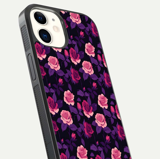 Rose Garden Twilight Glass Case for iphone-12 close-up angled shot highlighting rose contrast and reflection