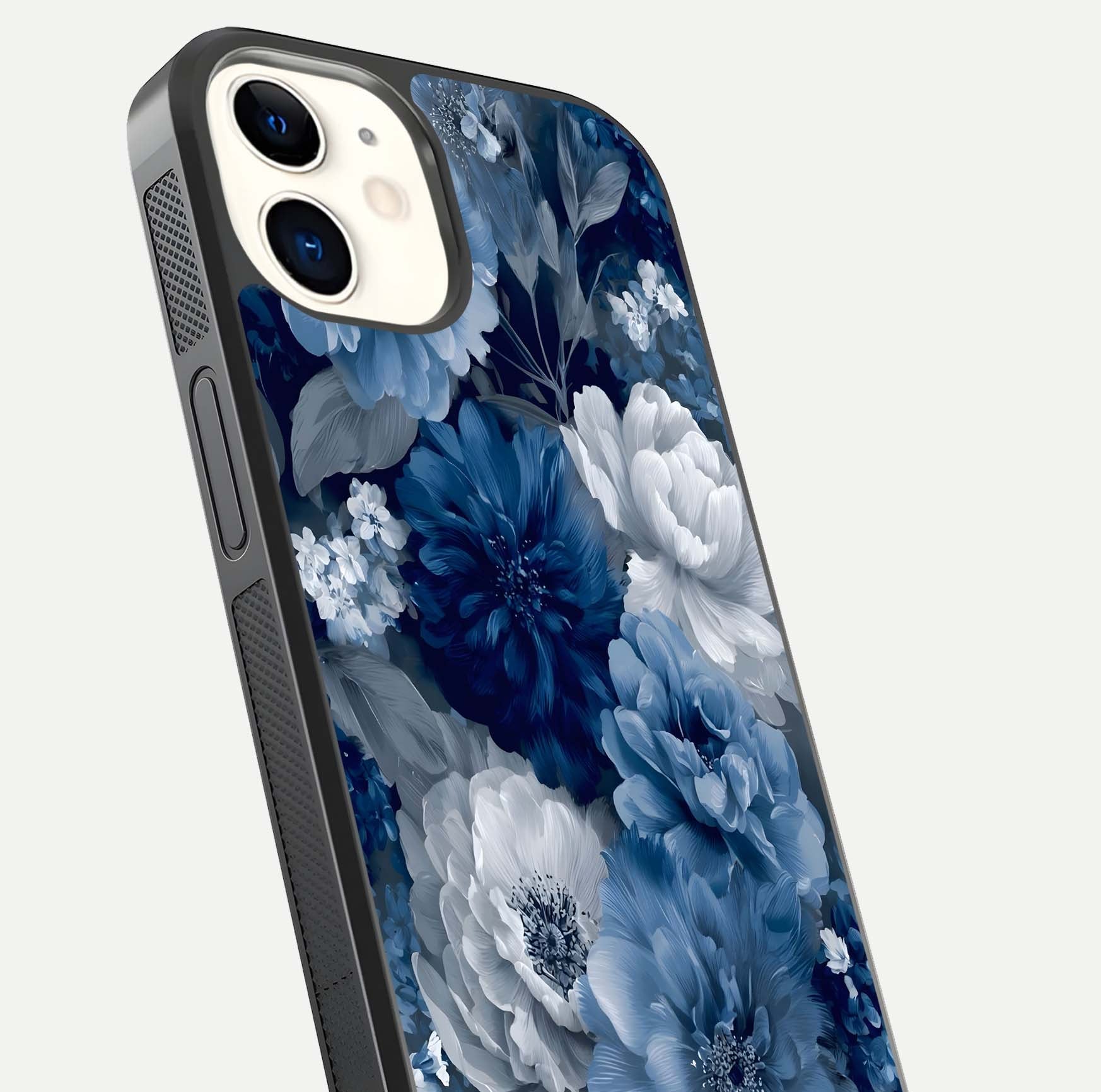 Royal Bloom Garden Glass Case for iphone-12 close-up angled shot highlighting royal bloom texture and reflection