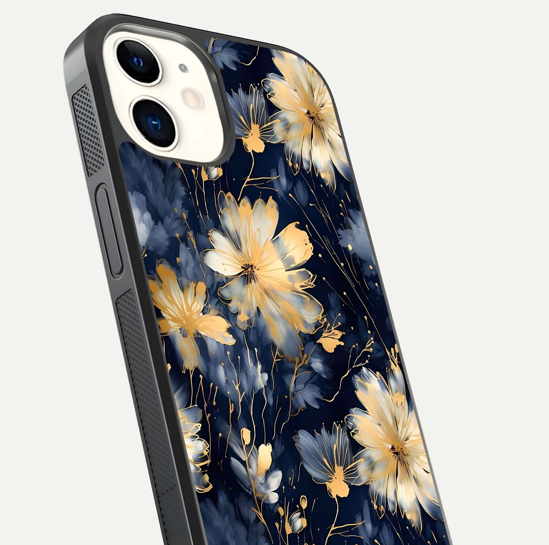 Royal Petal Dream Glass Case for iphone-12 close-up angled shot highlighting petal texture and reflection depth