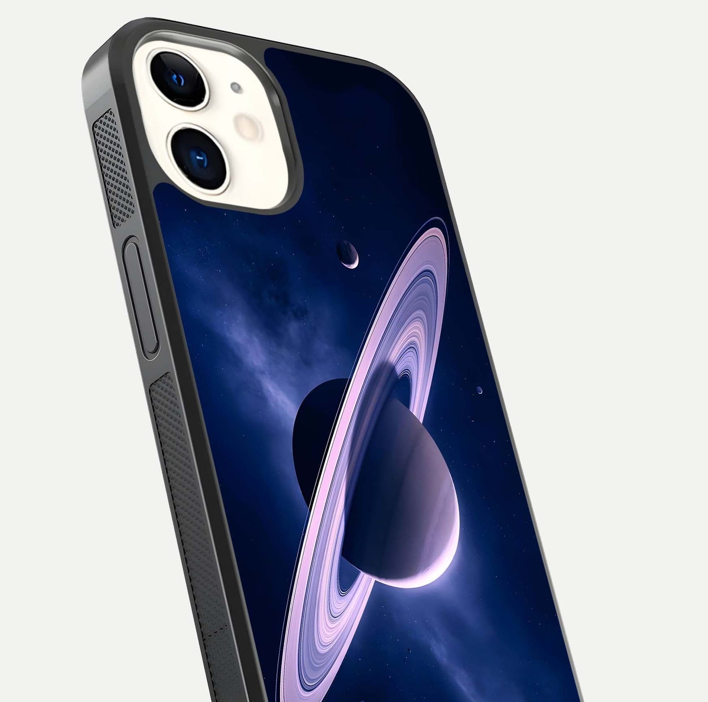 Saturn Ring Mystique Glass Case for iphone-12 close-up angled shot highlighting ring detail and HD reflection