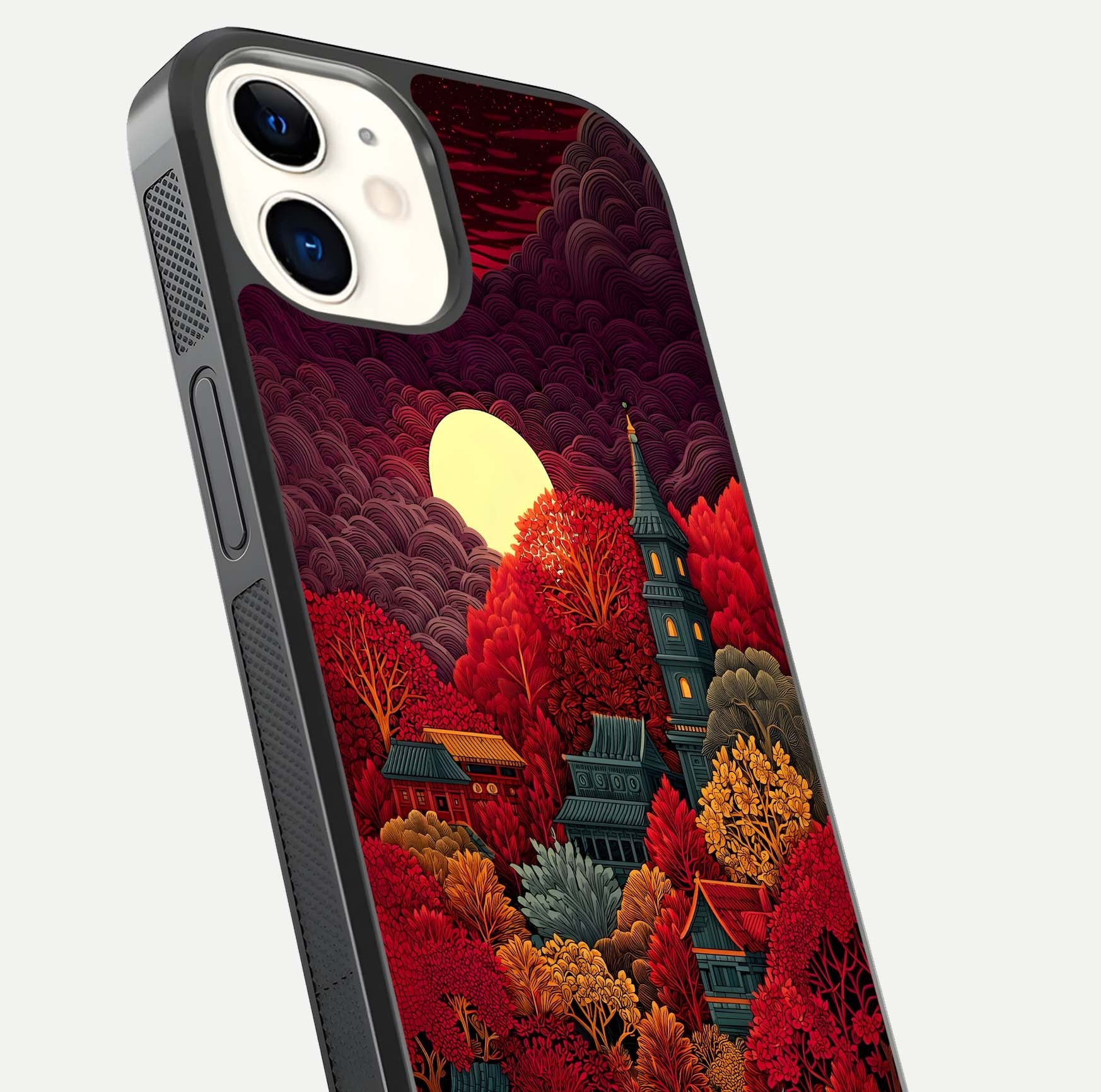 Scarlet Autumn Temple Glass Case for iphone-12 close-up angled shot highlighting golden leaves and reflection