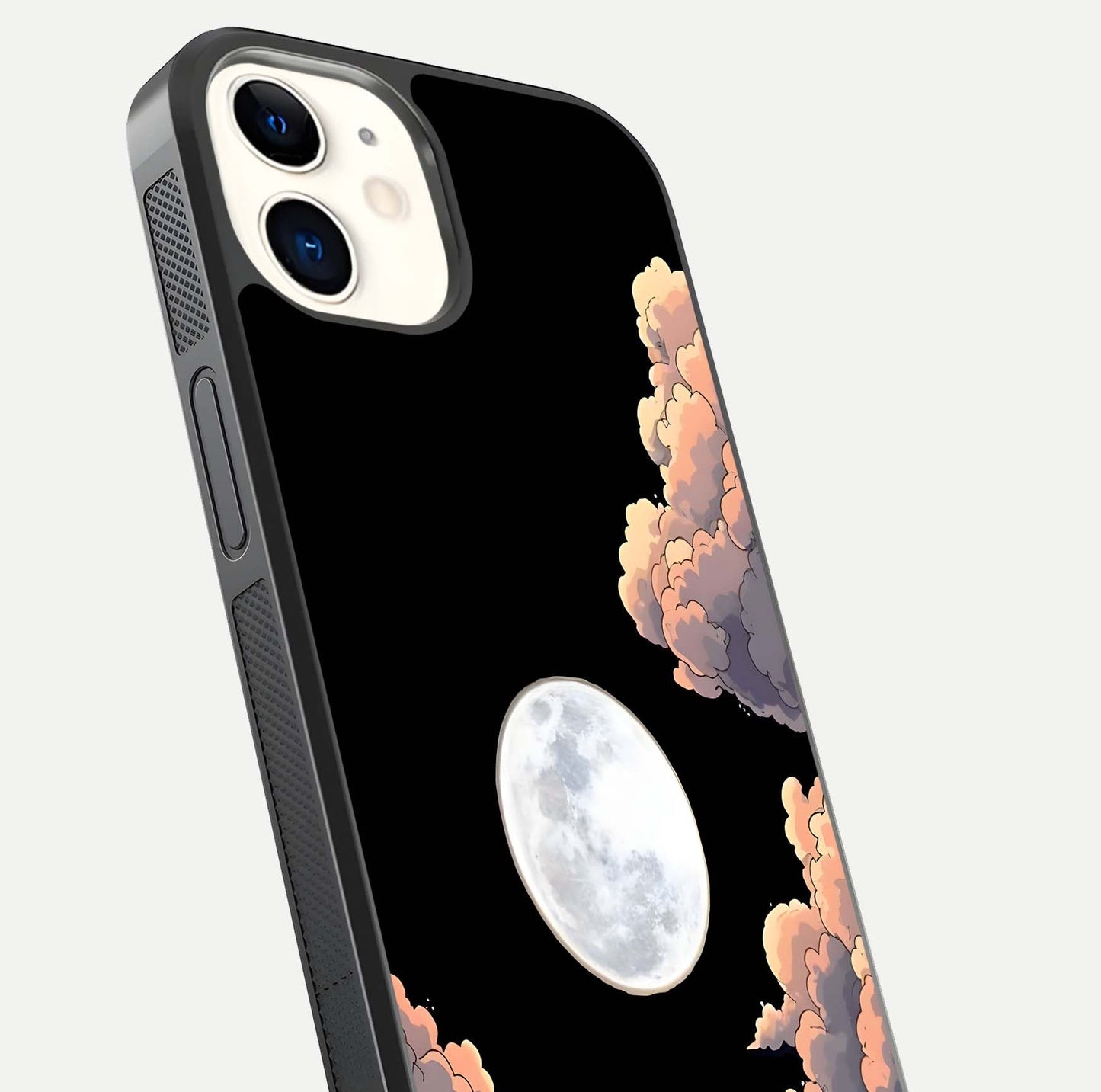 Shade Cloud Moon Glass Case for iphone-12 close-up angled shot highlighting moon reflection and depth
