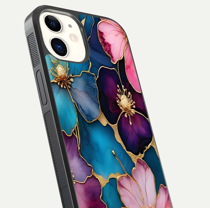 Sparkle Floral Glass Case for iphone-12 close-up angled shot highlighting shimmer details and reflection