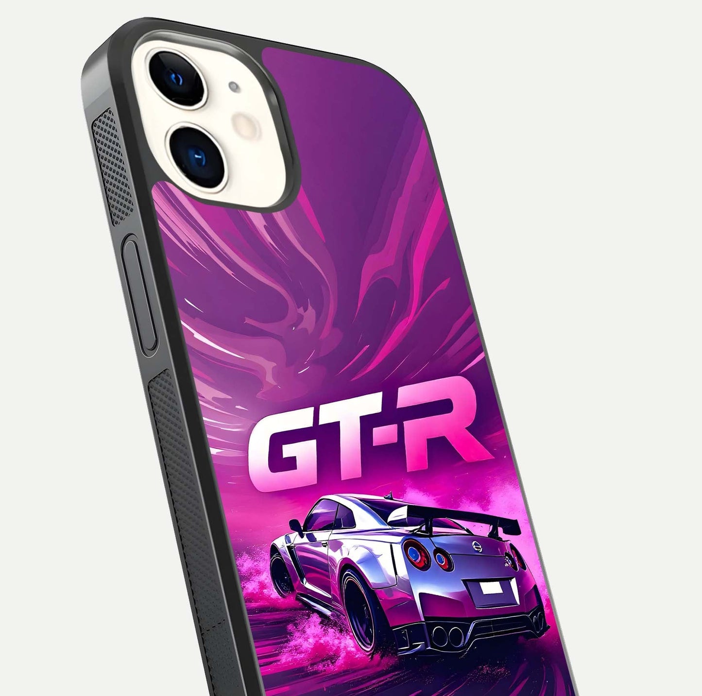 Speed Drift Legend Glass Case for iphone-12 close-up angled shot highlighting speed lines and reflection