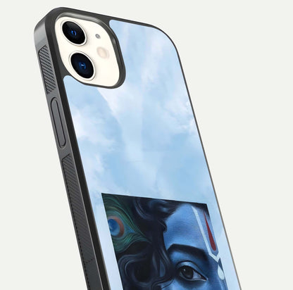 Spiritual Krishna Glass Case for iPhone 16 Pro close-up angled shot showing HD print, color tone, and reflection