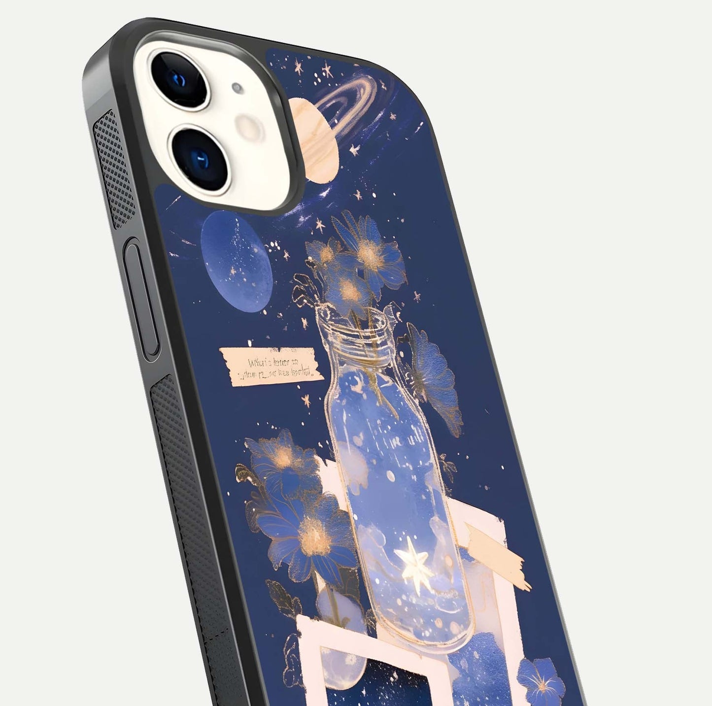 Starlit Cosmic Jar Glass Case for iphone-12 close-up angled shot highlighting stars, reflections, and HD shine