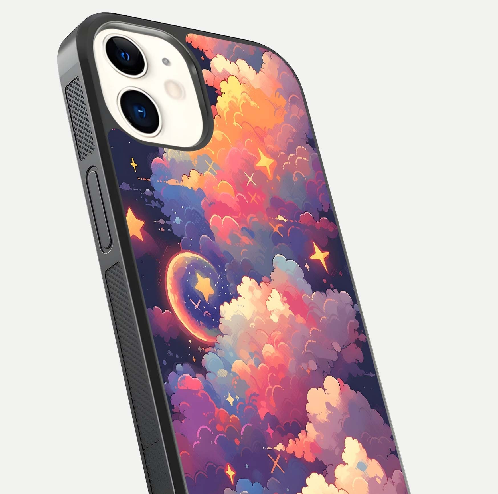 Starlit Dream Clouds Glass Case for iphone-12 close-up angled shot highlighting cloud texture and reflection