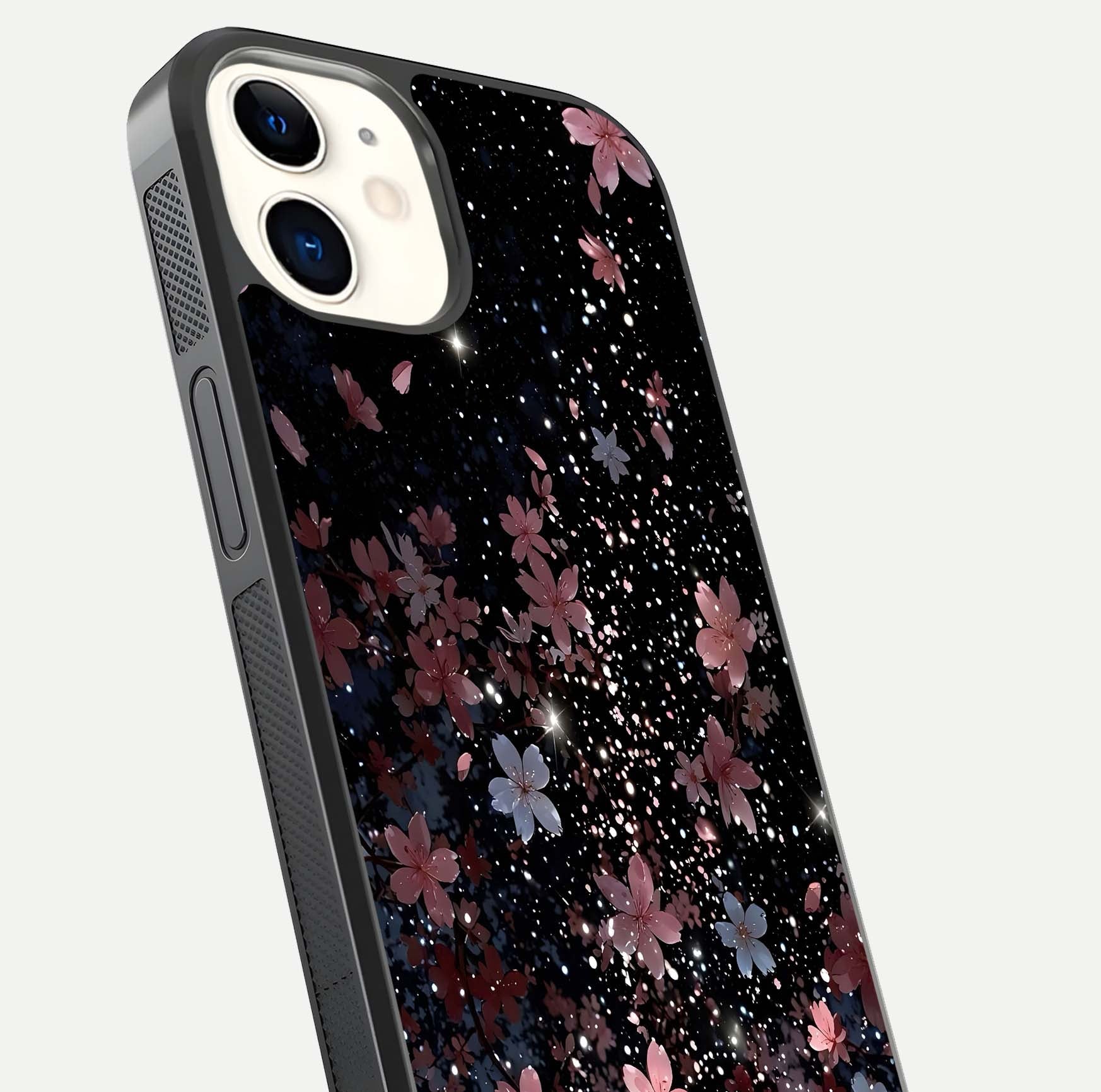 Starlit Flower Dreams Glass Case for iphone-12 close-up angled shot highlighting petal reflection and HD depth