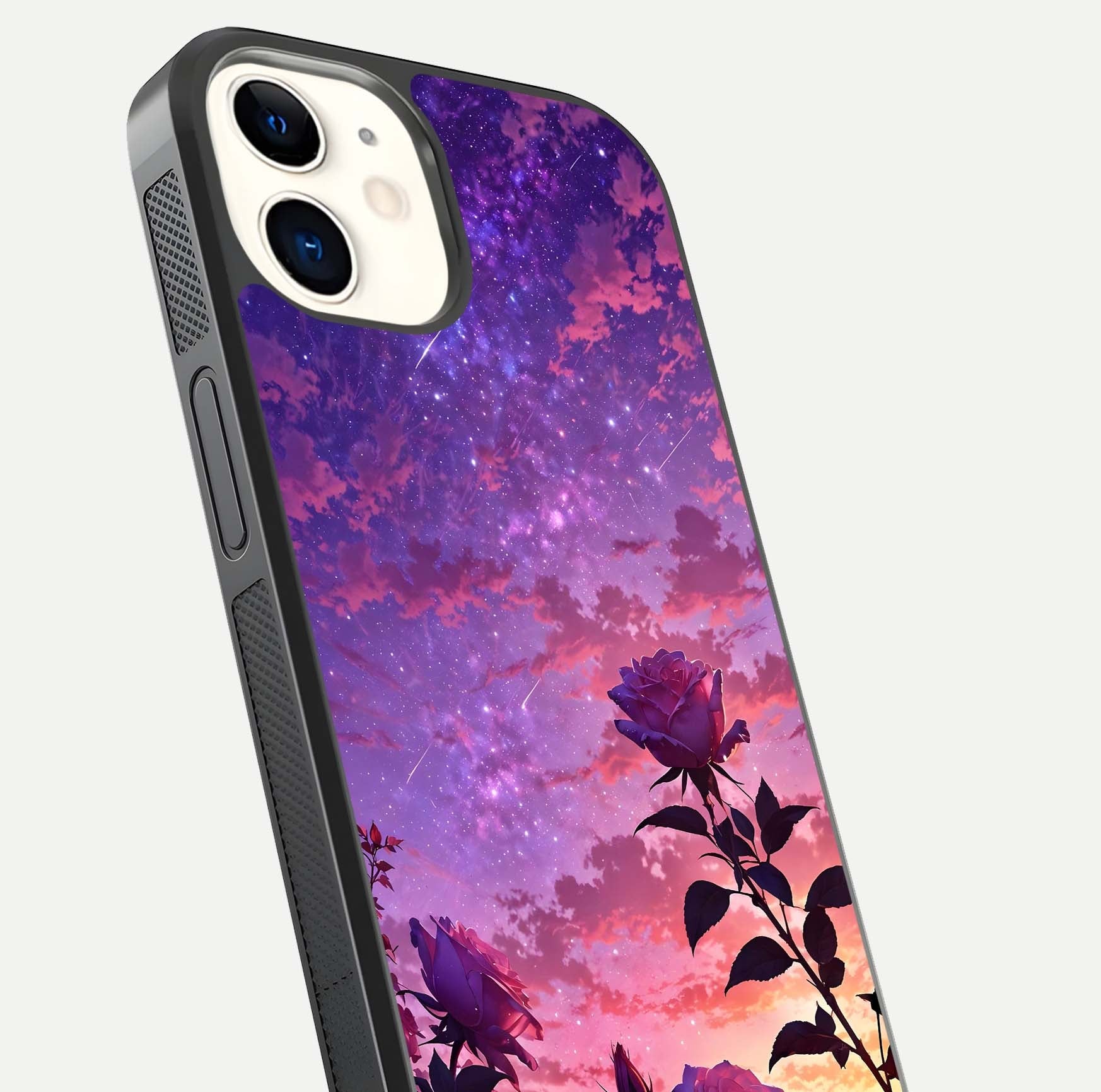 Starlit Rose Twilight Glass Case for iphone-12 close-up angled shot highlighting rose detail and reflection