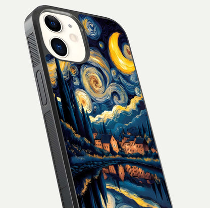 Starry Sky Serenity Glass Case for iphone-12 close-up angled shot highlighting light reflection and blue hues