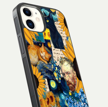 Sunflower Cat Art Glass Case for iphone-12 close-up angled shot highlighting yellow tones and art reflection
