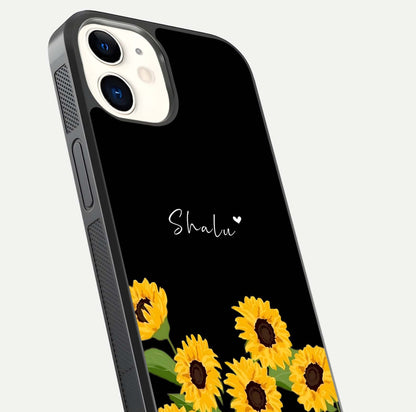 Sunflower Chic Mood Custom Name Glass Case for iPhone 16 Pro close-up angled shot showing HD sunflower pattern
