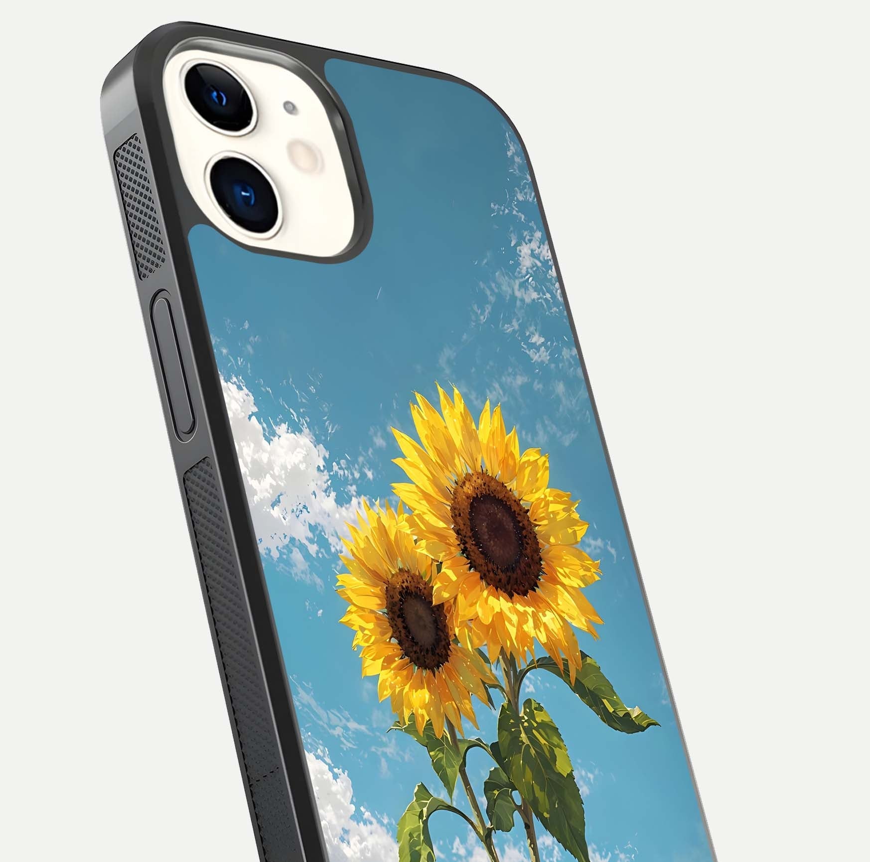 Sunflower Sky Bloom Glass Case for iphone-12 close-up angled shot highlighting petal details and reflection