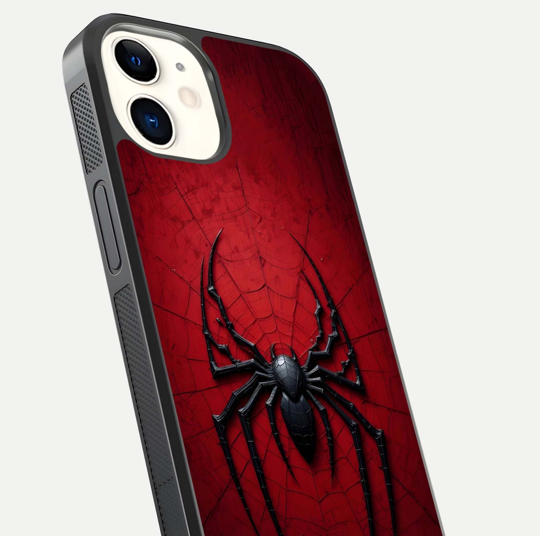 Venom Web Emblem Glass Case for iphone-12 close-up angled shot highlighting sharp logo lines and reflection