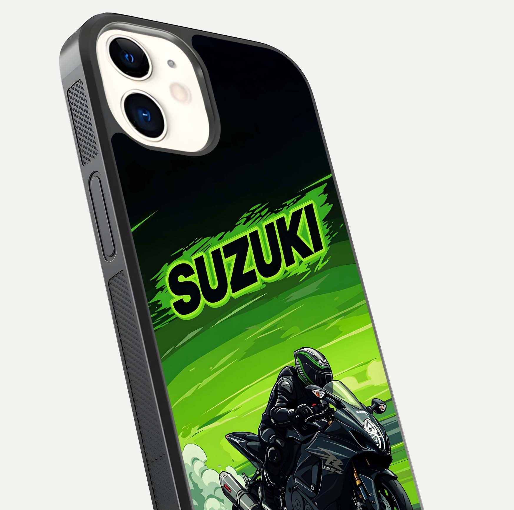 Suzuki Speed Beast Glass Case for iphone-12 close-up angled shot highlighting bold tones and reflection