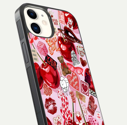 Sweet Cherry Chaos Glass Case for iphone-12 close-up angled shot highlighting red tone contrast and reflection