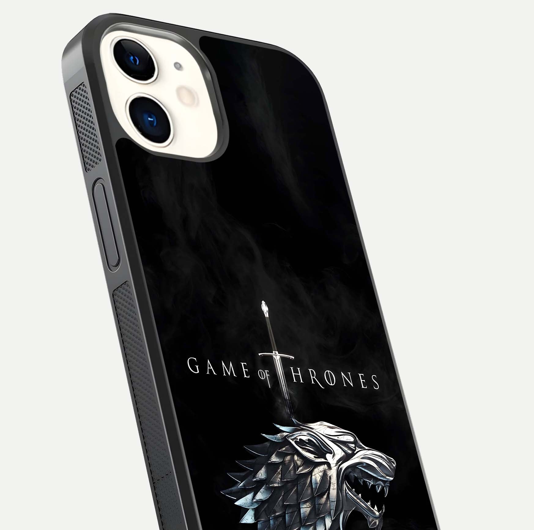 Throne Wolf Legacy Glass Case for iphone-12 close-up angled shot highlighting fur texture and reflection