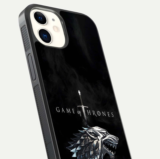 Throne Wolf Legacy Glass Case for iphone-12 close-up angled shot highlighting fur texture and reflection