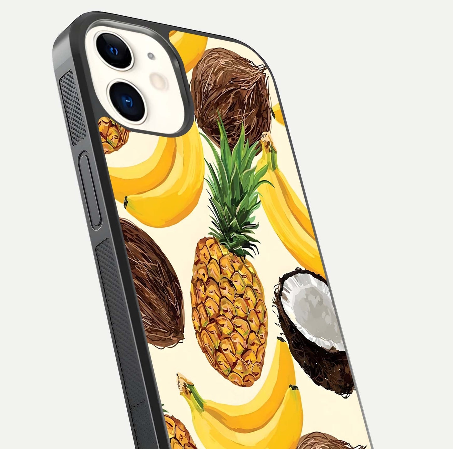 Tropical Fruit Mood Glass Case for iphone-12 close-up angled shot highlighting fruit texture and reflection