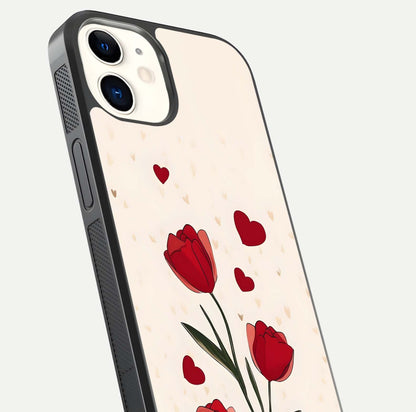 Tulip With Heart Glass Case for iphone-12 close-up angled shot highlighting petal details and reflection