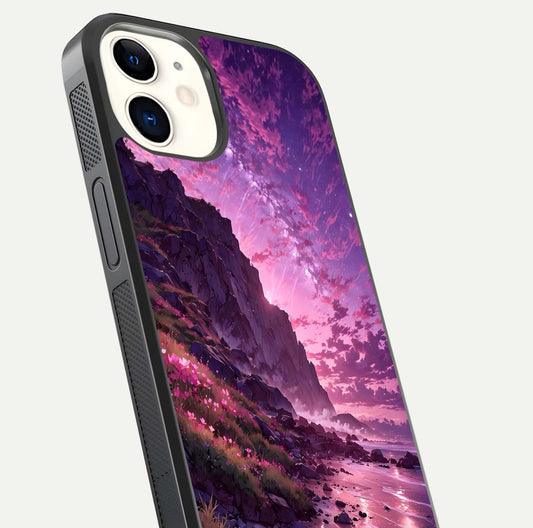 Twilight Blossom Coast Glass Case for iphone-12 close-up angled shot highlighting gradient sky and reflection