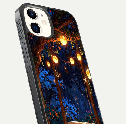 Twilight Garden Swing Glass Case for iphone-12 close-up angled shot highlighting floral tones and reflection