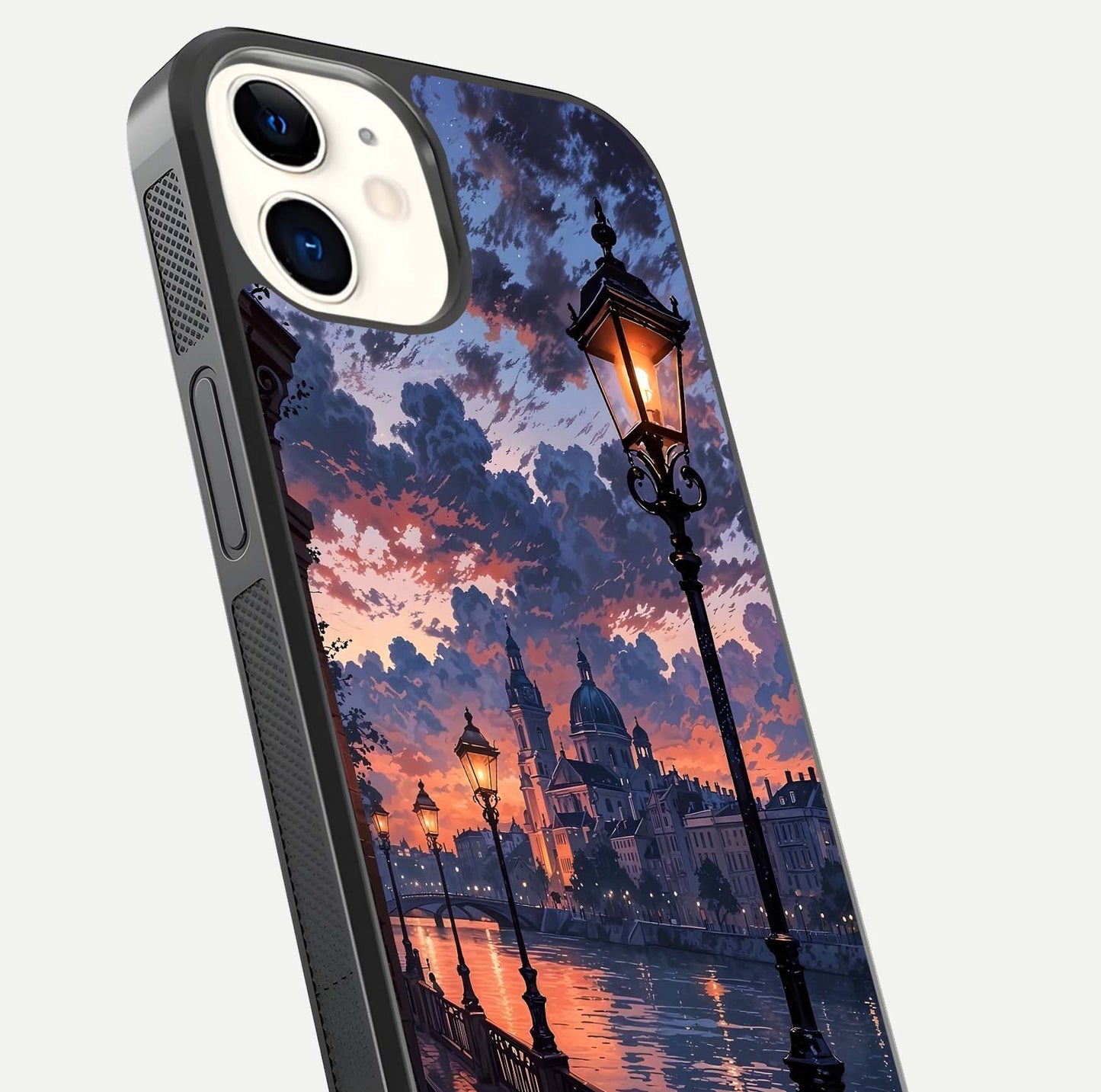 Twilight River Lights Glass Case for iphone-12 close-up angled shot highlighting river reflections and color tones