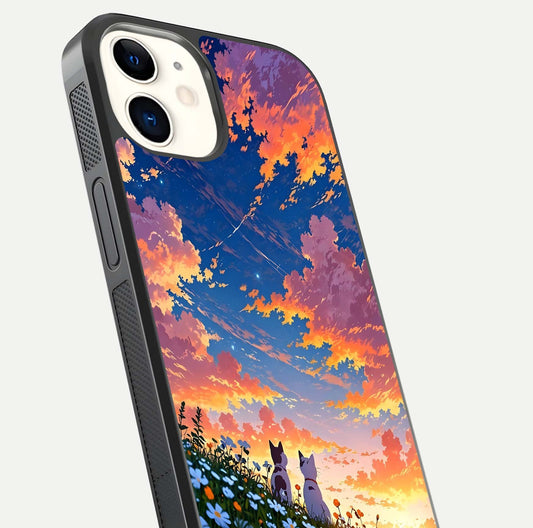 Two Cats Friends Glass Case for iphone-12 close-up angled shot highlighting cat illustrations and soft reflection