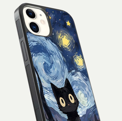 Van Gogh Cat Glass Case for iphone-12 close-up angled shot highlighting brushstroke texture and reflection