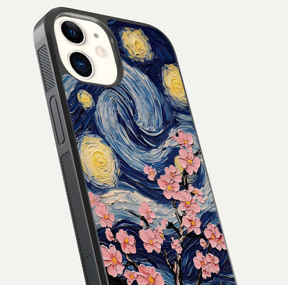 Van Gogh Scenery Glass Case for iphone-12 close-up angled shot highlighting brushwork texture and color depth