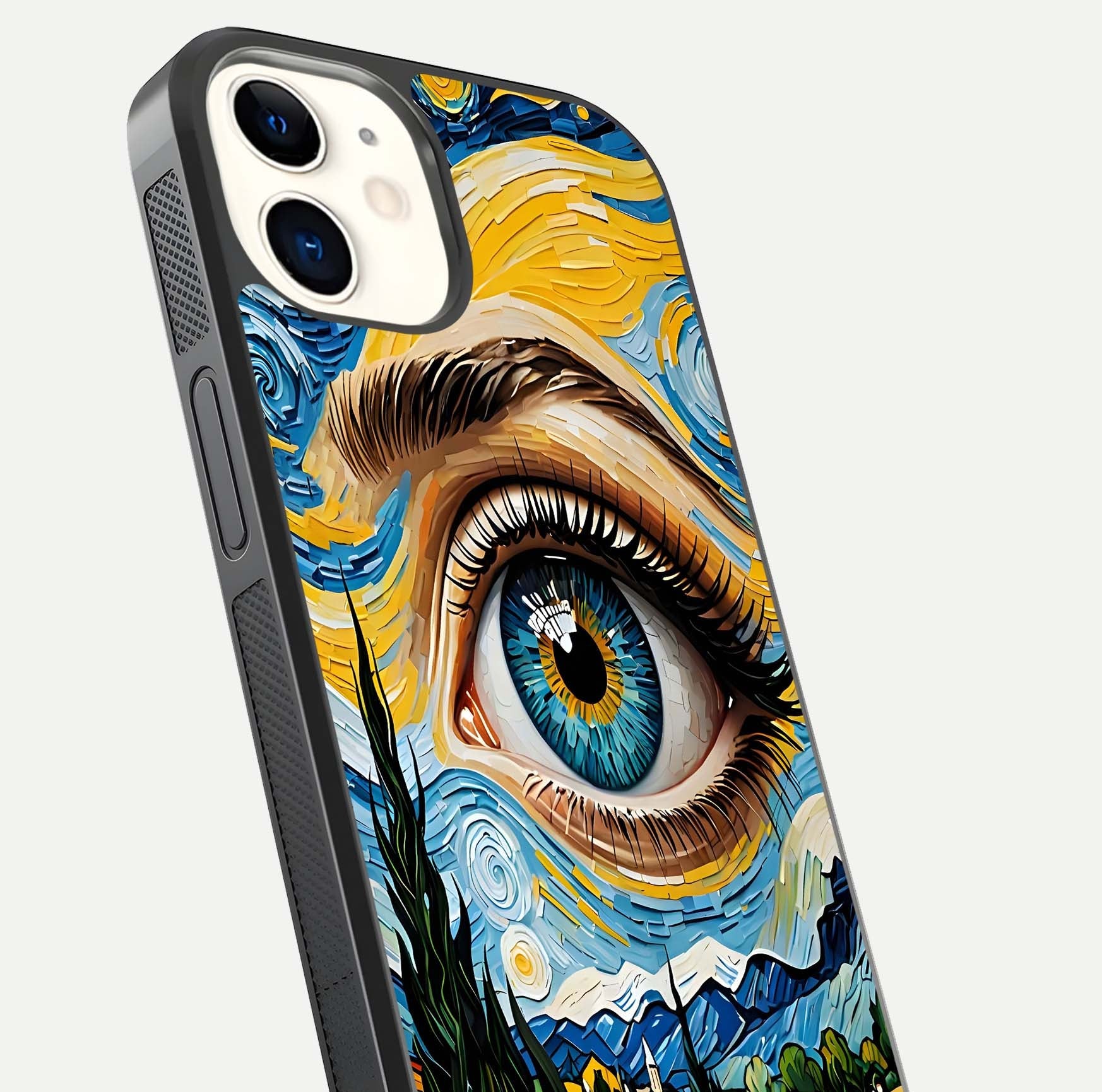 Van Gogh Eye Glass Case for iPhone 16 Pro close-up angled shot highlighting color blend and gloss reflection