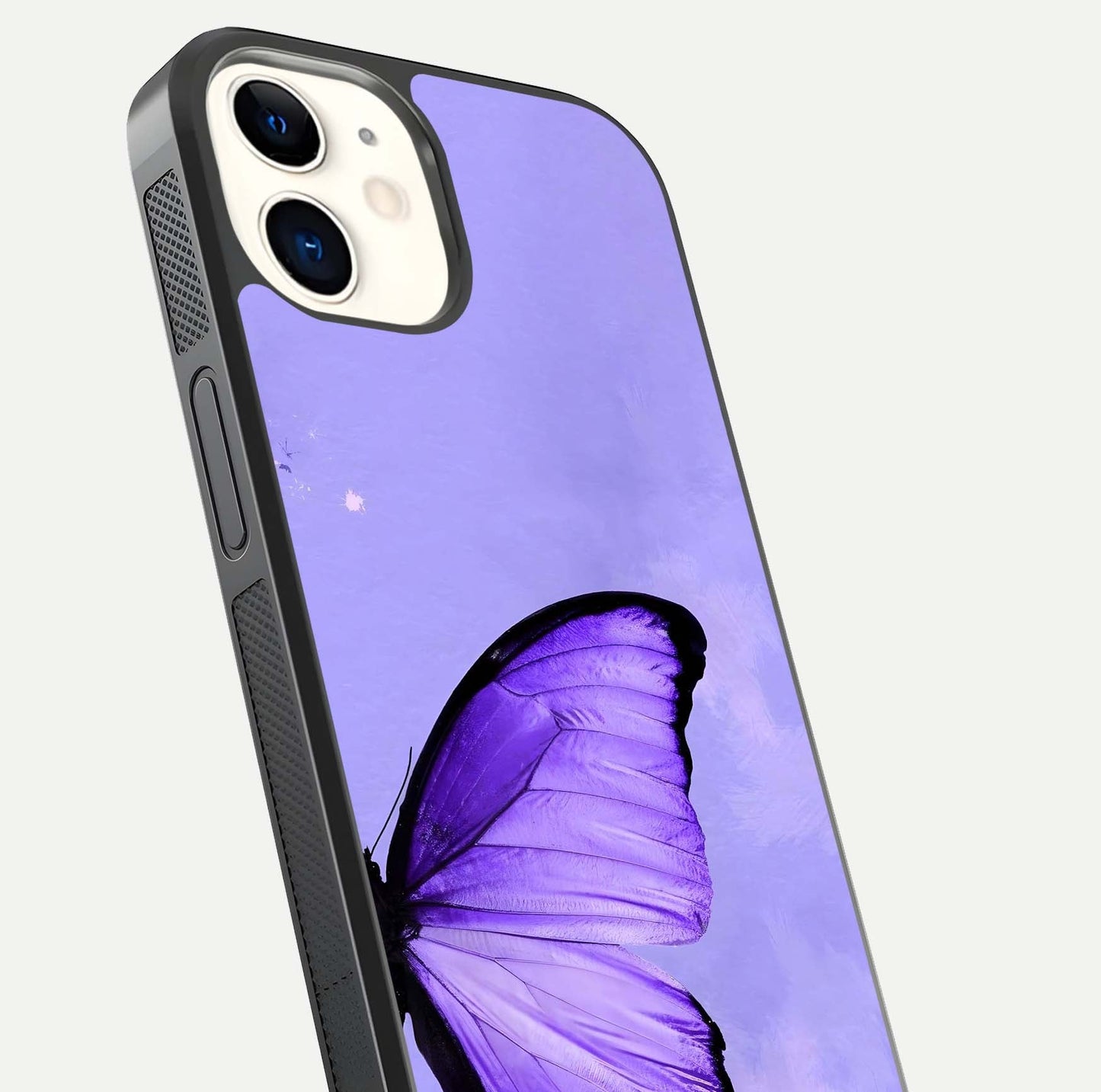 Violet Dream Wing Glass Case for iphone-12 close-up angled shot highlighting wing texture and reflection
