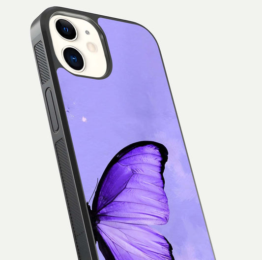 Violet Dream Wing Glass Case for iphone-12 close-up angled shot highlighting wing texture and reflection