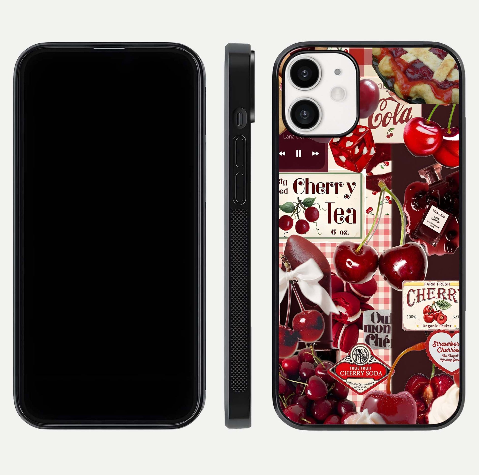 Aesthetic Cherry Tea Glass Case for iPhone 12 Mini front and back view layout showing black front display and artistic cherry-themed glass back