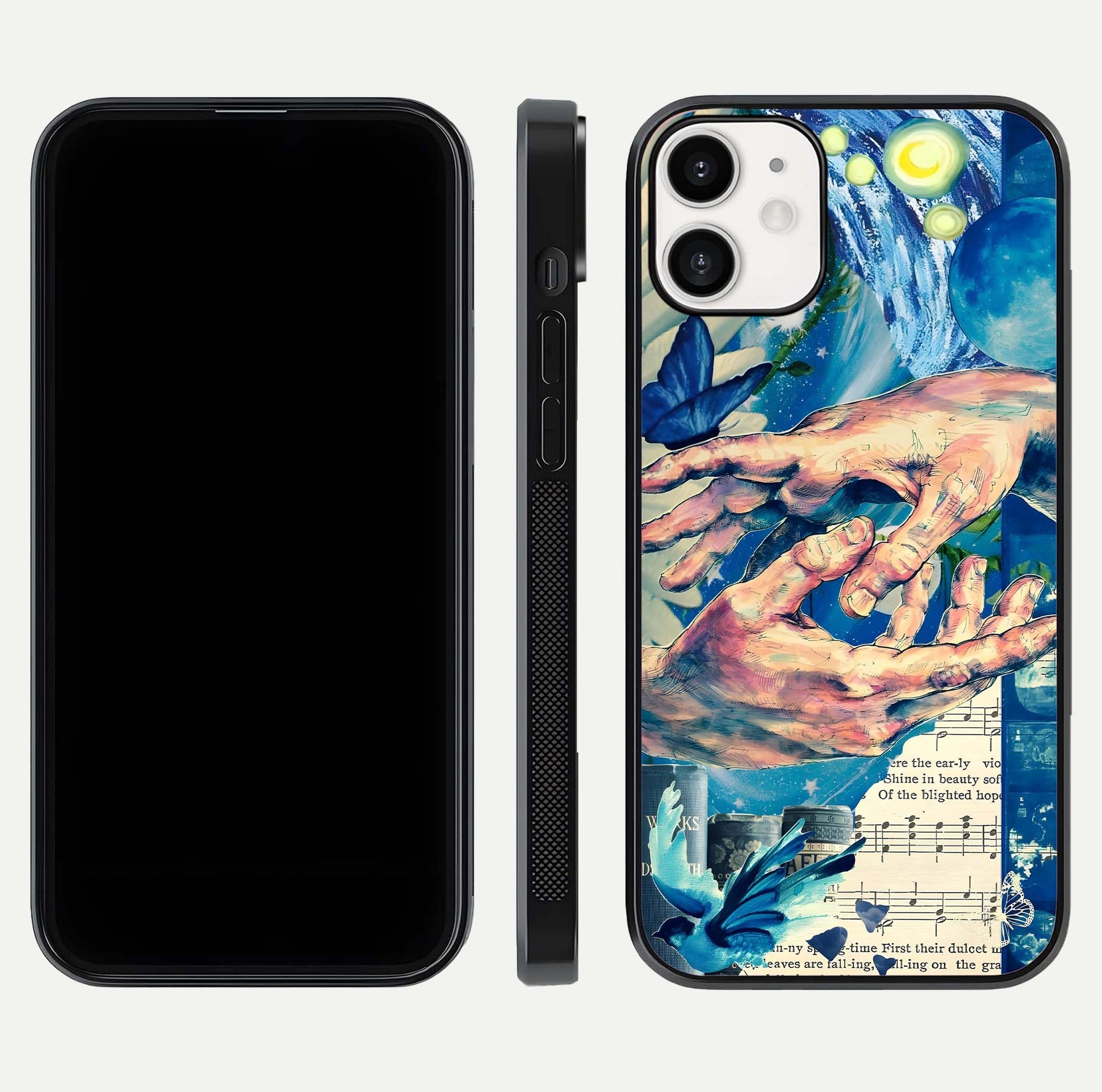 Aesthetic Divider Glass Case for iPhone 12 Mini front and back view layout showing black front display and minimal divider glass back