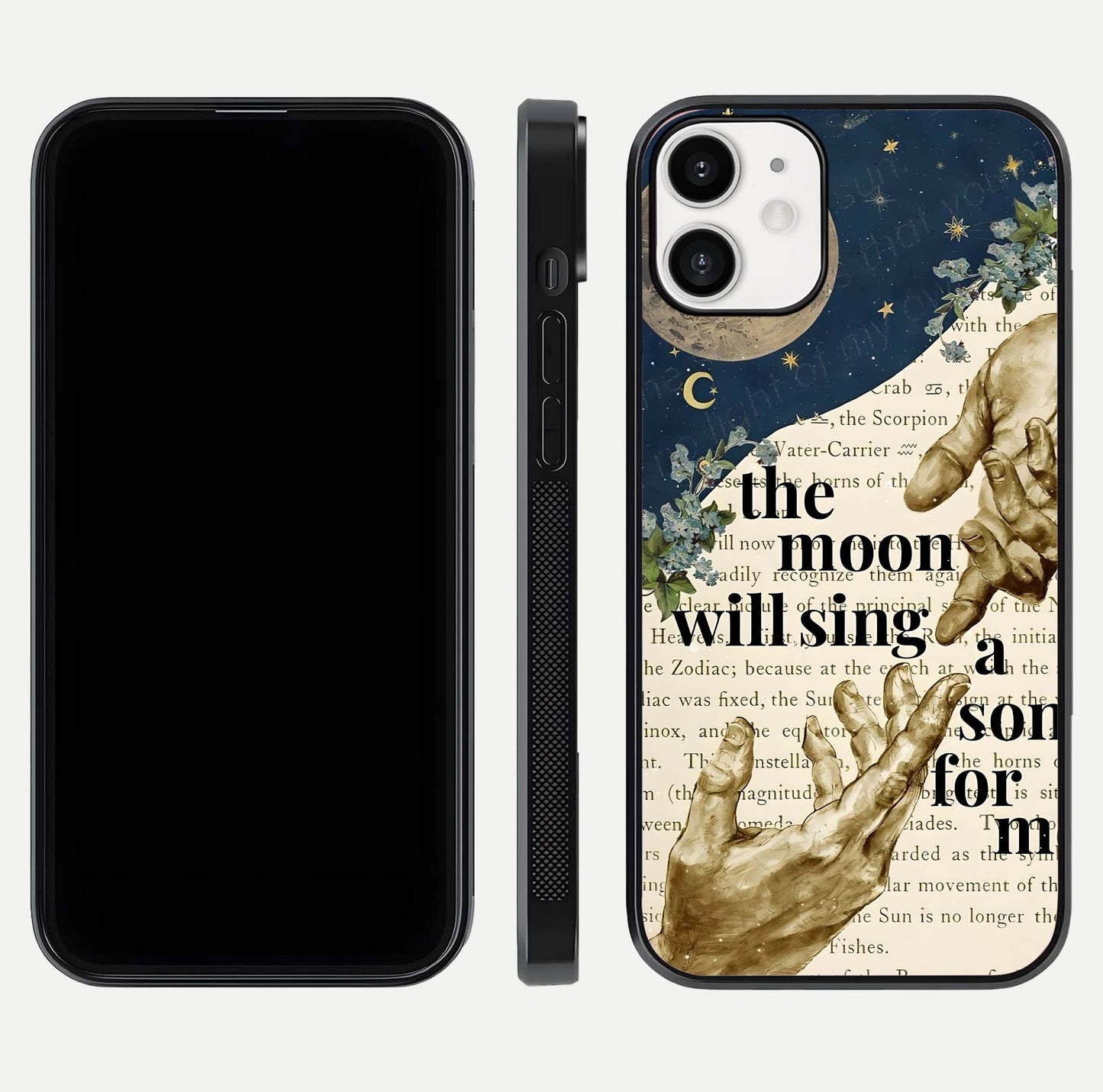 Aesthetic Divine Glass Case for iPhone 12 Mini front and back view layout showing black front display and divine art glass back