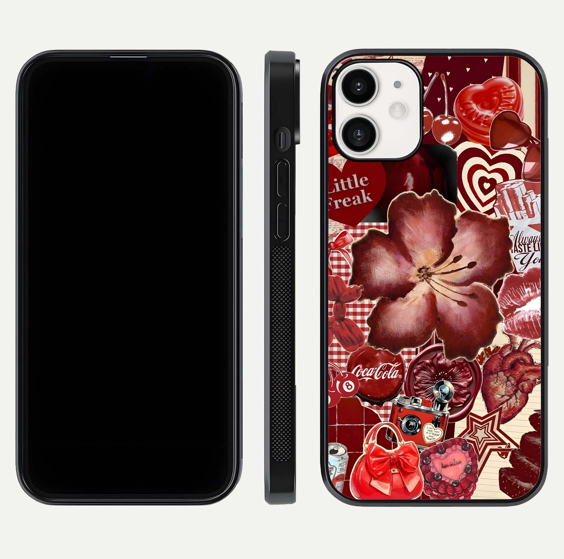 Aesthetic Little Freak Glass Case for iPhone 12 Mini front and back view layout showing black front display and trendy collage glass back