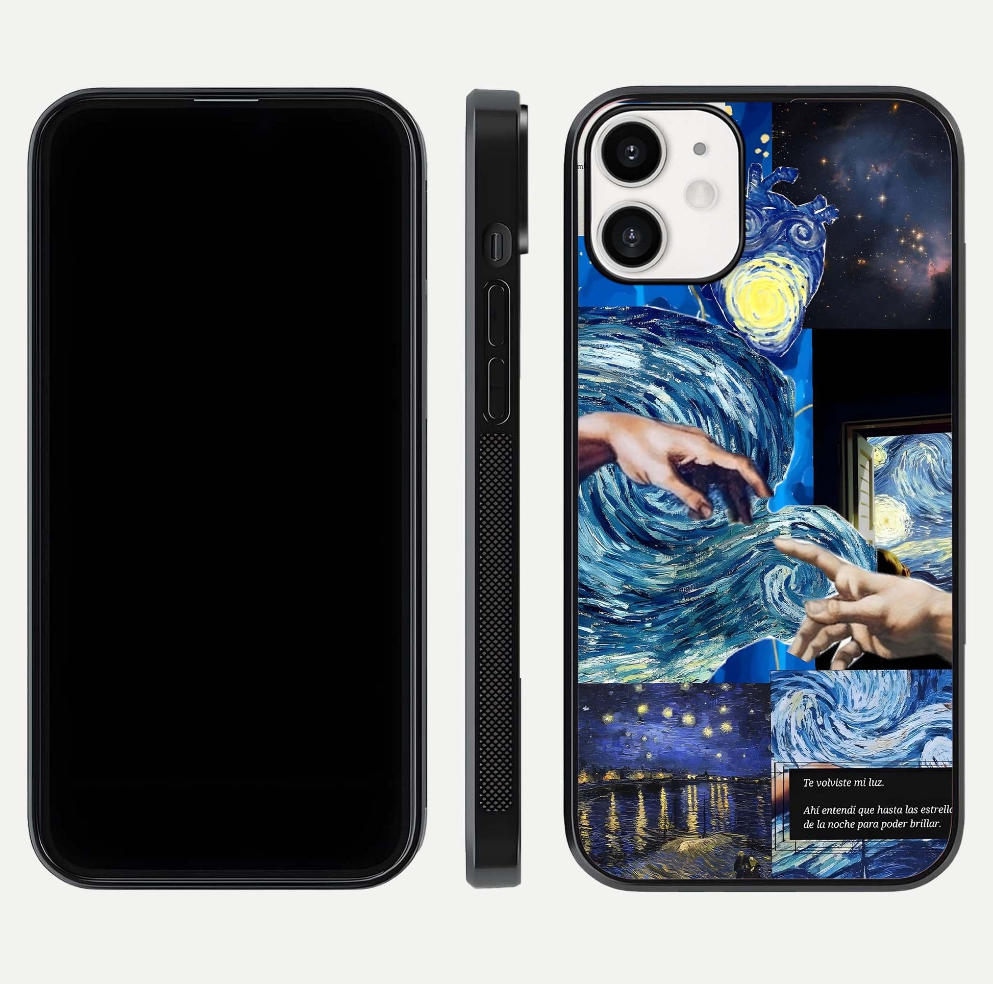 Aesthetic Vando Hands Glass Case for iPhone 12 Mini front and back layout highlighting camera cutout and premium glass shine