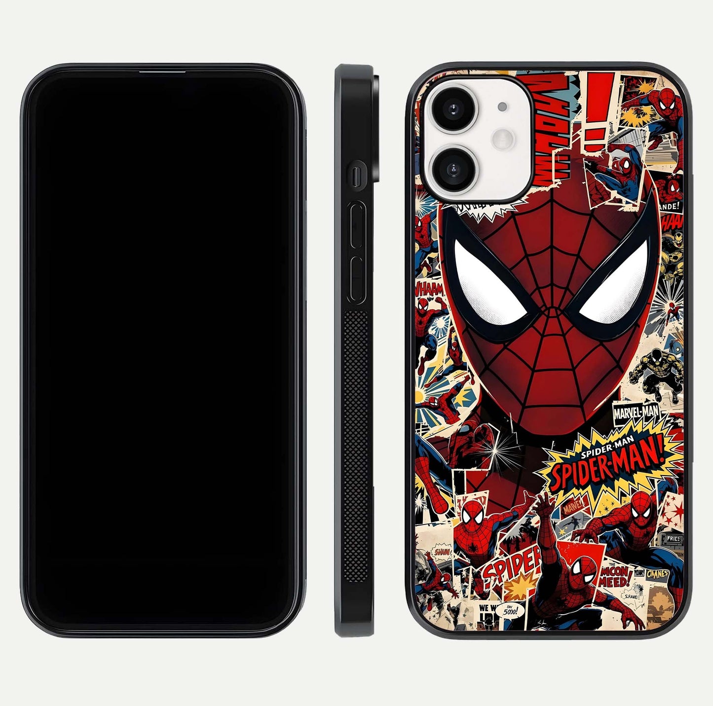 Aesthetic Wonder Spider Glass Case for iPhone 12 Mini dual-view layout showing premium glass shine and strong edge design
