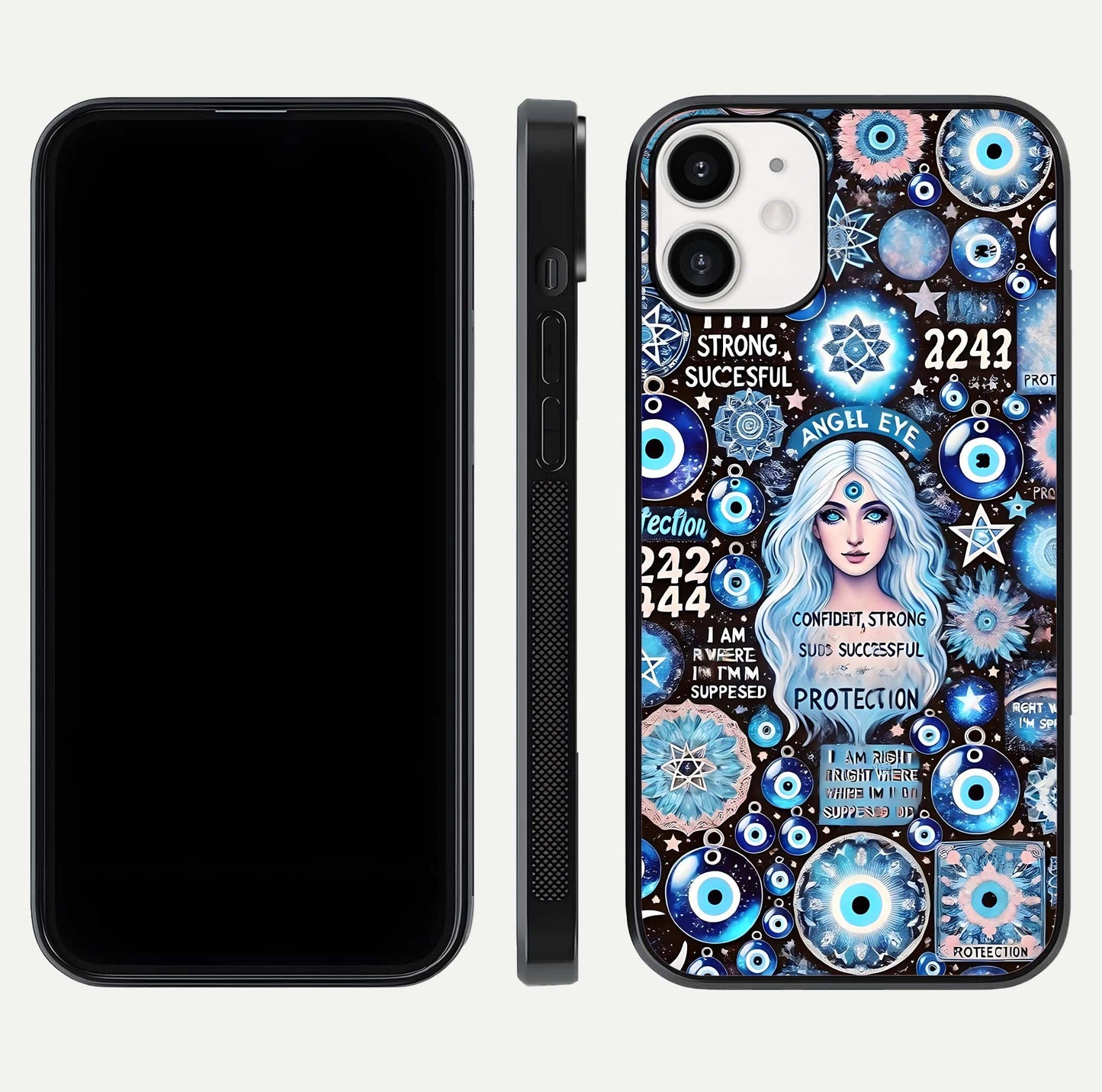 Angel Aura Shield Glass Case for iPhone 12 Mini front and back display highlighting glass clarity and spiritual design