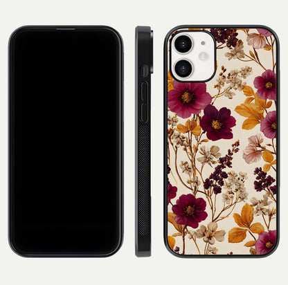 Autumn Wine Bloom Glass Case for iPhone 12 Mini front and back layout showing autumn print and HD glass clarity