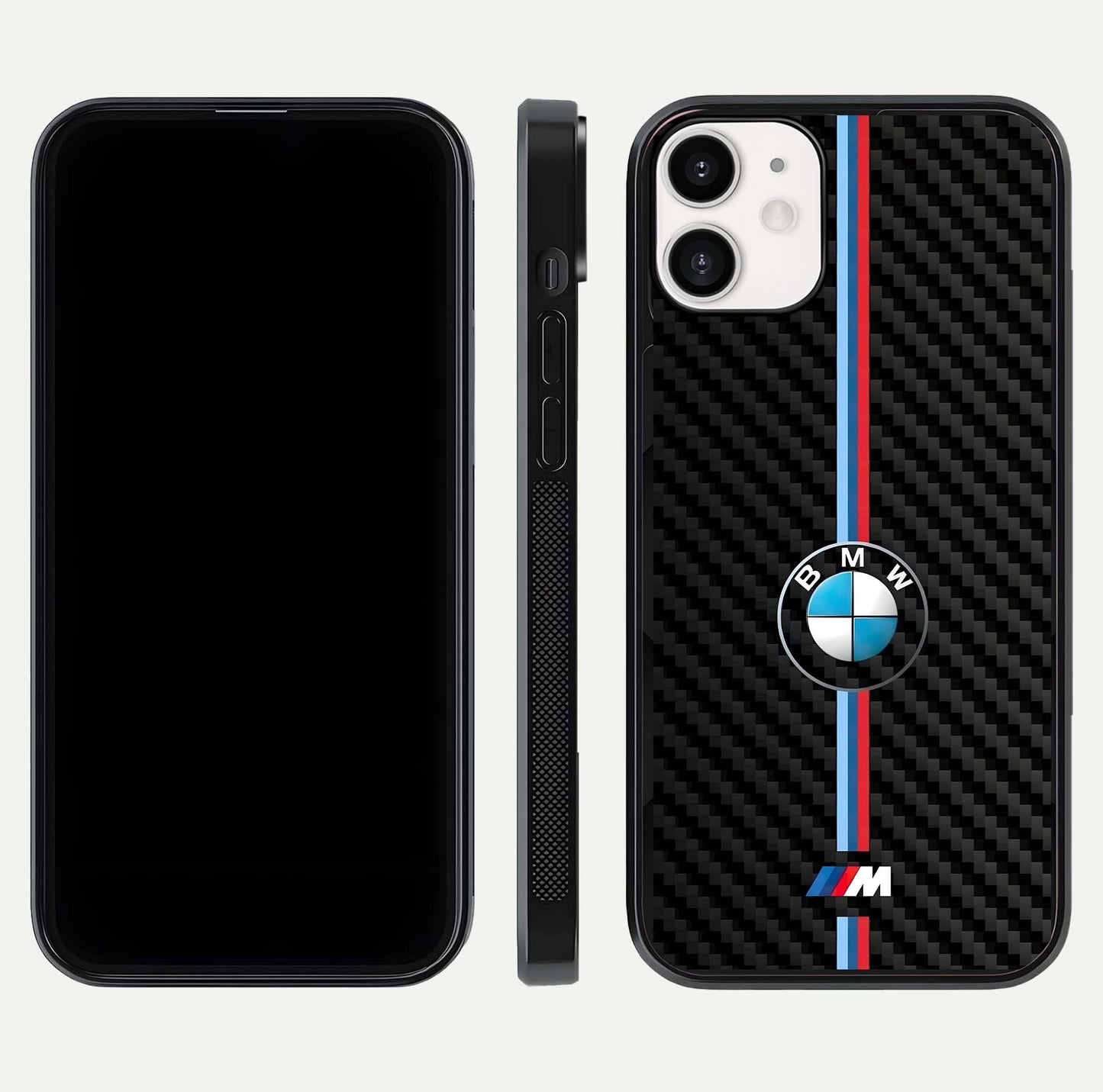 BMW Pattern Glass Case for iPhone 12 Mini front-and-back layout displaying car-themed art and premium glass gloss