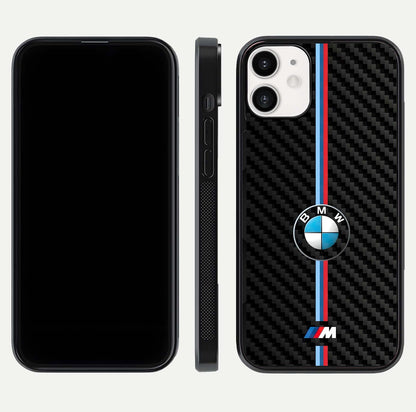 BMW Pattern Glass Case for iPhone 12 Mini front-and-back layout displaying car-themed art and premium glass gloss