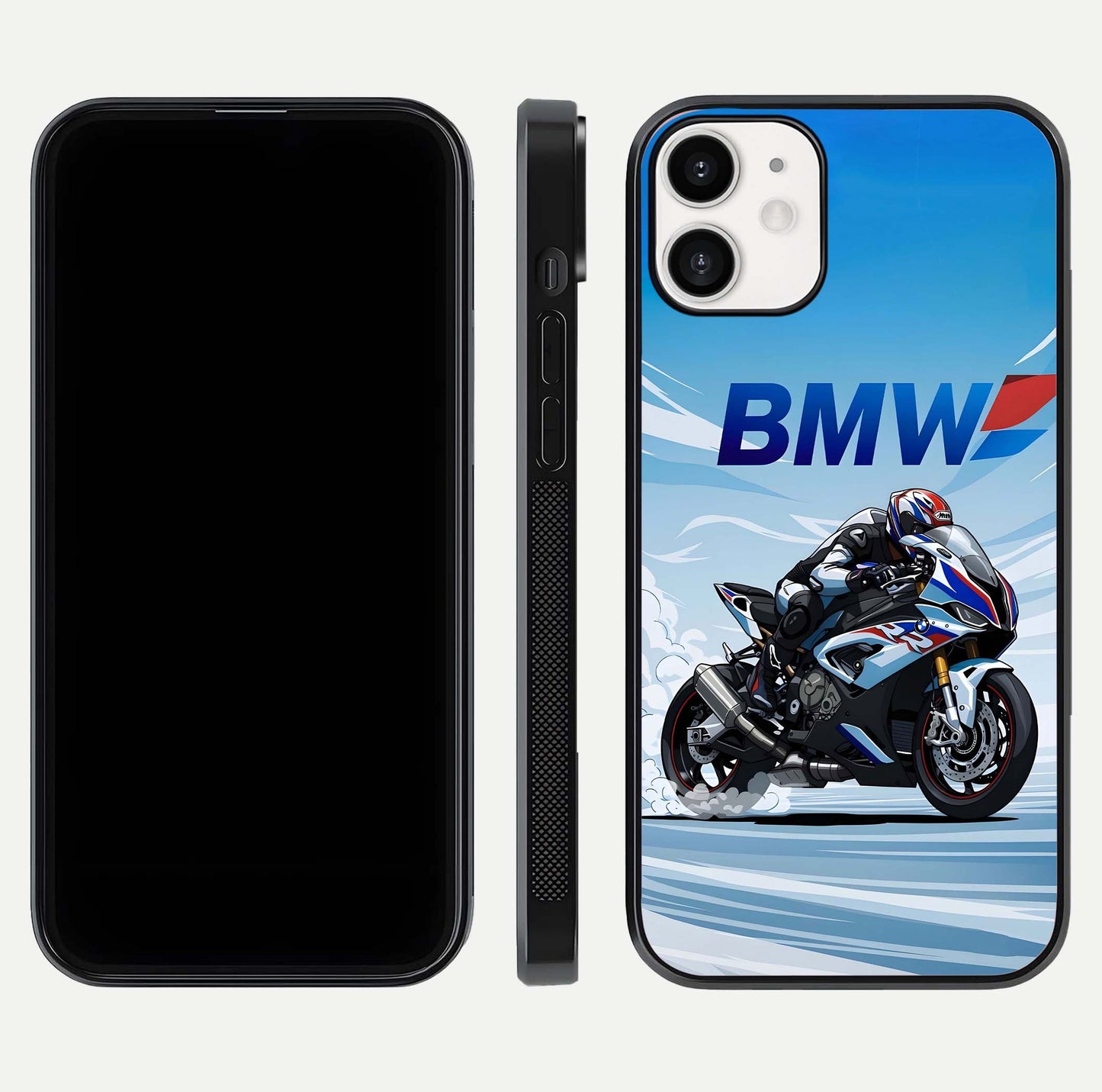 BMW Power Drift Glass Case for iPhone 12 Mini dual-view layout showing energy pattern and edge clarity