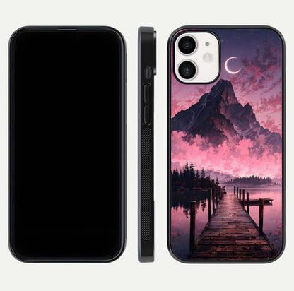 Beautyful Mountain View Glass Case for iPhone 12 Mini front and back layout showcasing natural tones and clarity