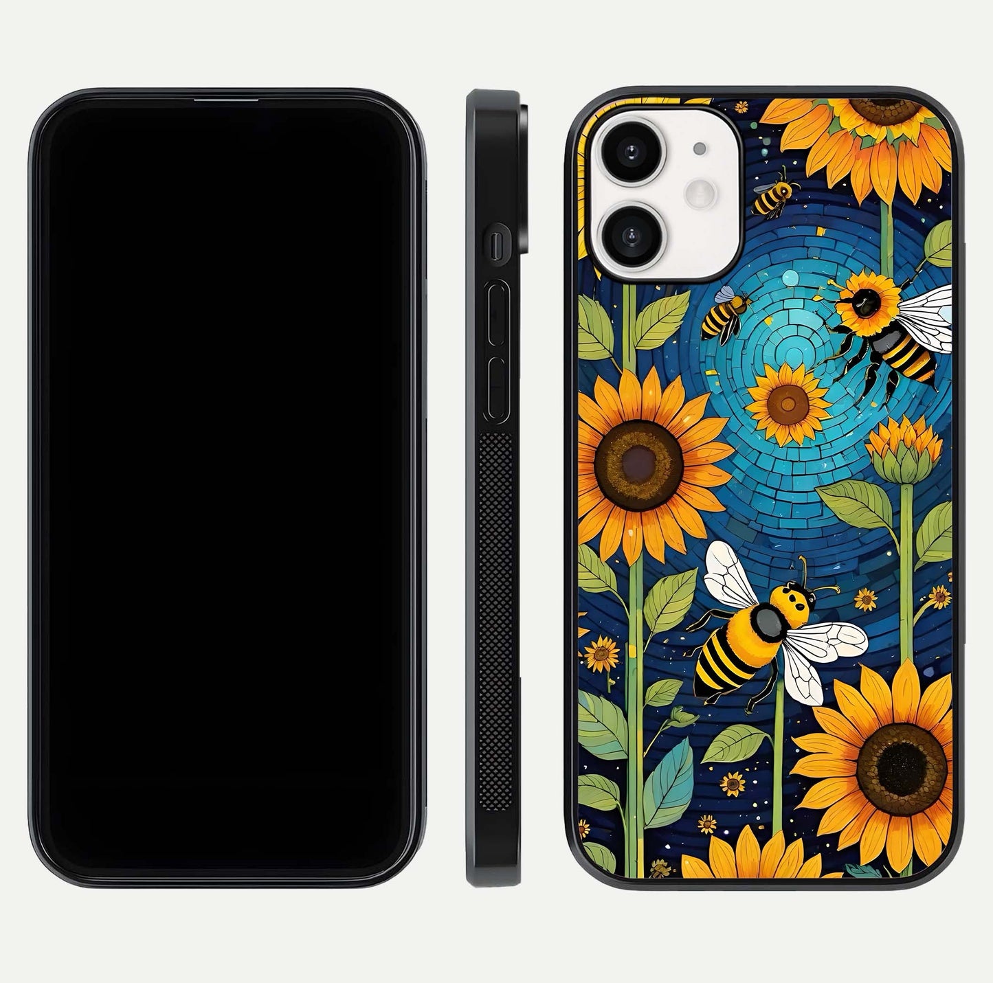 Bees & Sunflowers Glass Case for iPhone 12 Mini front-and-back layout highlighting nature-inspired artwork and protective edge